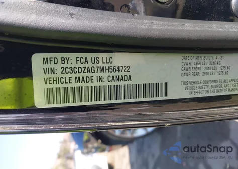 2021 Dodge Challenger Sxt из США, поврежденный, VIN 2C3CDZAG7MH564722